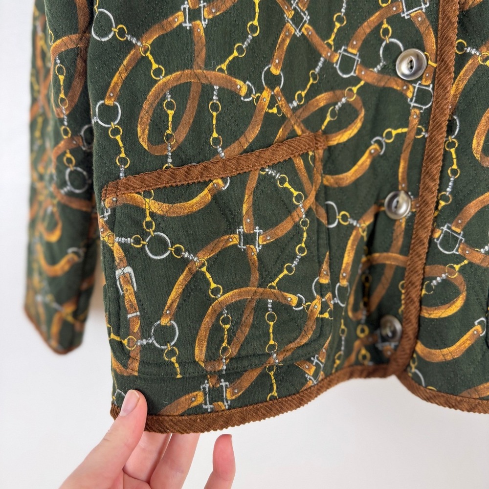 VTG! Jones New York Sport Quilted Jacket S Equestrian Belt Print Green Brown - Picture 12 of 12